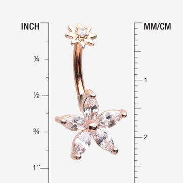 Detail View 1 of Rose Gold Brilliant Marquise Spring Flower Sparkle Internally Threaded Belly Button Ring-Clear Gem